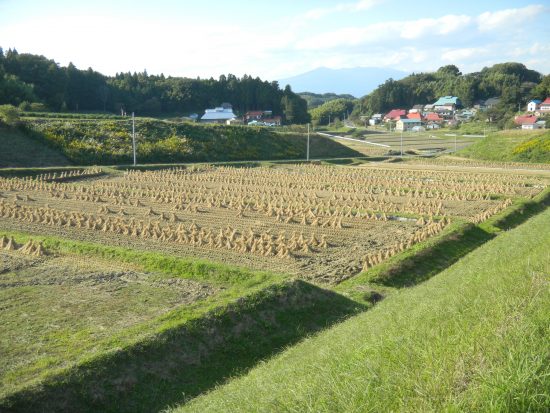 12年三春収穫後の田んぼと村の風景