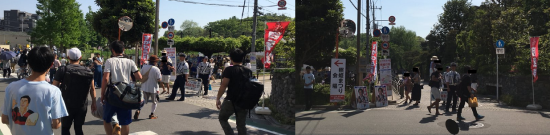 照姫祭り会場メイン入口周辺を占拠する菅原の宣伝板と自民党の幟