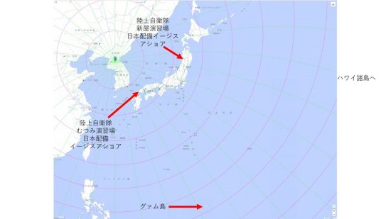 北朝鮮内陸部からの大圏軌道（弾道弾軌道）と等距離円