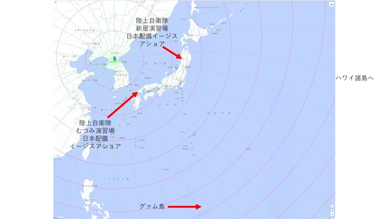 北朝鮮内陸部からの大圏軌道（弾道弾軌道）と等距離円