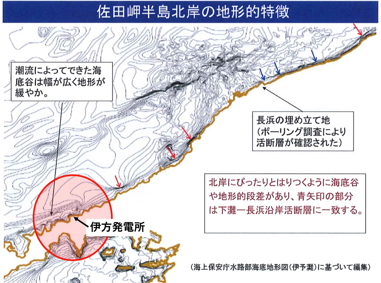 申立人(原告)が指摘する伊方発電所至近の活断層と疑われる海底の地形