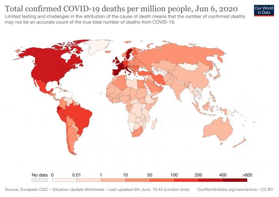 COVID-19による人口百万人当たりの死亡者数分布