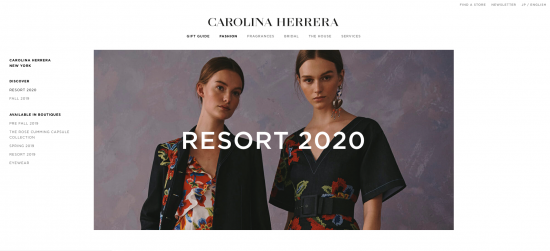 Carolina Herreraの新コレクション「RESORT2020」のサイト