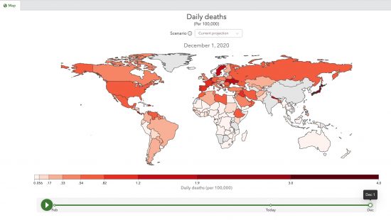 IHMEにより、2020/12/01時点の各国日毎死者数を地図に示したもの(2020/08/28更新)