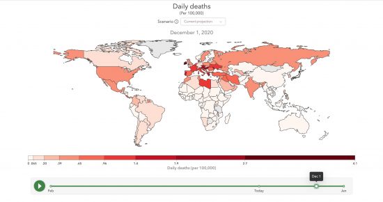 IHMEにより、2020/12/01時点の各国日毎死者数を地図に示したもの(2020/09/25更新)