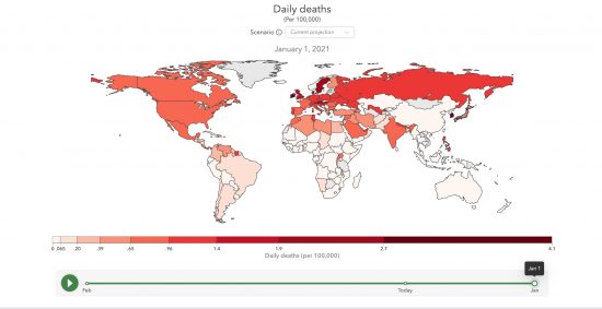 IHMEにより、2021/01/01時点の各国日毎死者数を地図に示したもの(2020/09/25更新)