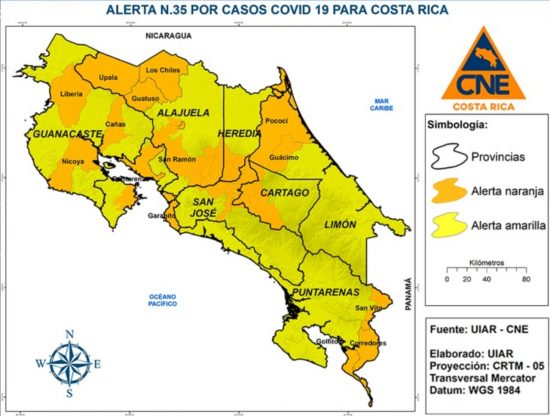 コスタリカ国内のイエロー・オレンジアラート分布図